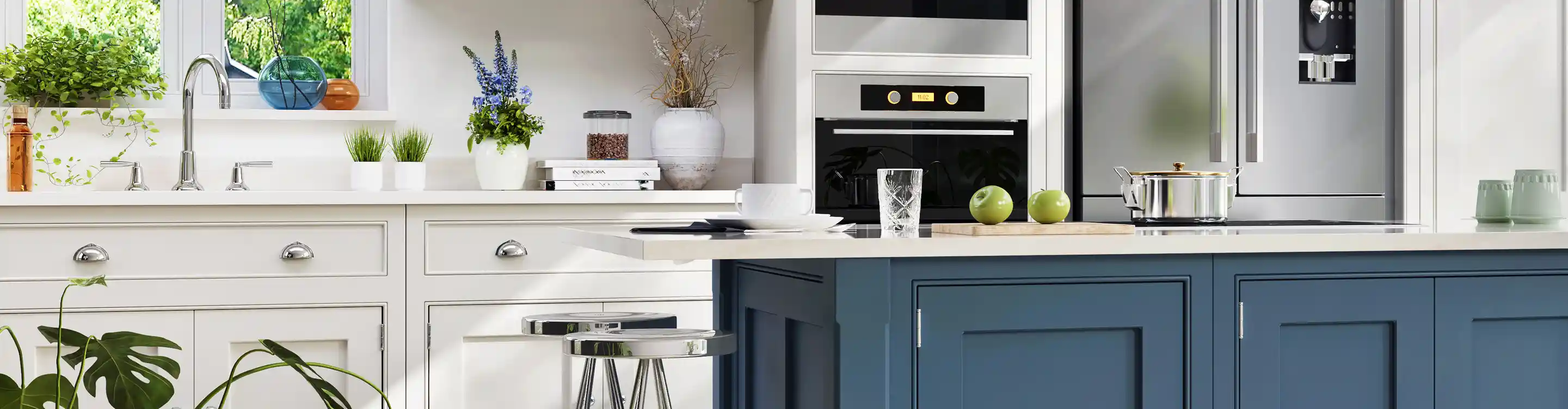 Kitchen with blue and white cabinets